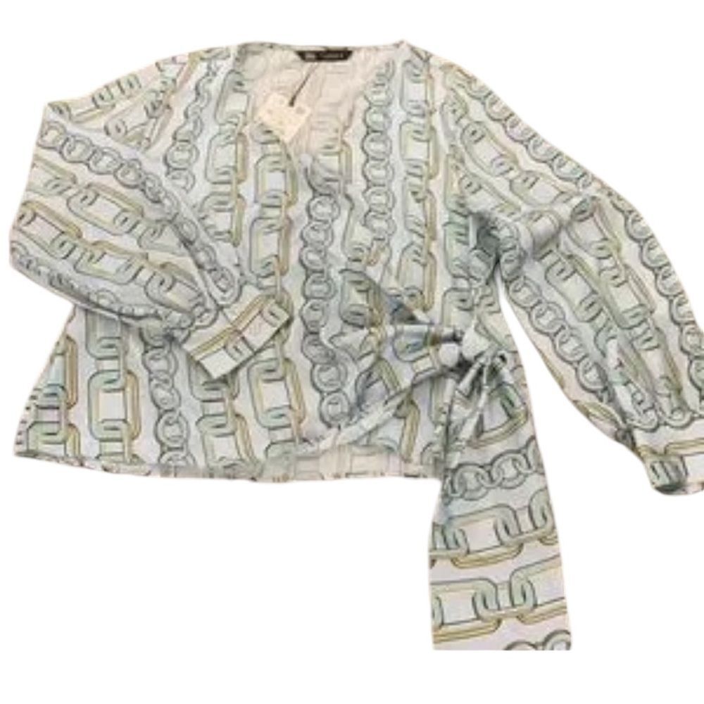 Zara Women's Blue Geometric Print Wrap Blouse Size M Long Sleeve
